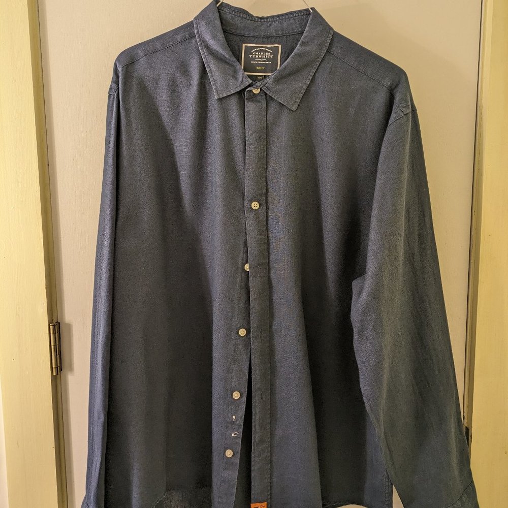 Charles Tyrwhitt Long Sleeve SF Navy Pure Linen Shirt XXL Slim Fit